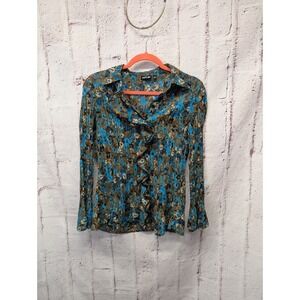 Apt.9‎ 90s Y2K Romance Long Bell Sleeve Button Up Ruffle Blouse Shirt Small Blue